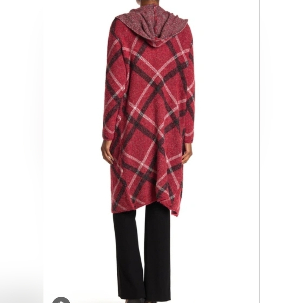 JOESEPH . A Plaid Red and Black Women's LONG Hooded Sweater Cardigan Sz S NWT - Picture 2 of 4